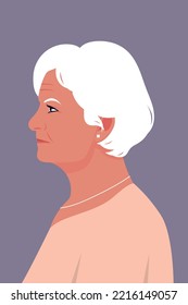 Bright multi-colored portrait of an old woman with a gray short haircut and a chain around her neck
