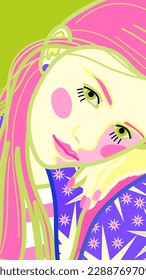 A bright multicolored portrait of a young girl who leaned her head on her hand.