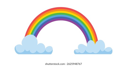 Bright, multicolored rainbow spanning across the sky, connecting two cumulus clouds on a pristine white backdrop, creating a cheerful and vibrant illustration