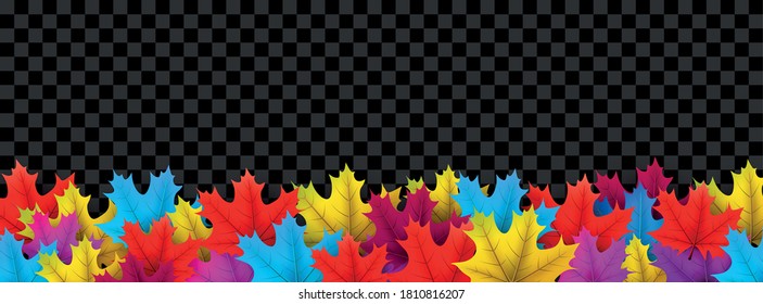Helle, mehrfarbige, blaue, gelbe, violette Ahornblätter auf transparentem Hintergrund. Vektorgrafik.