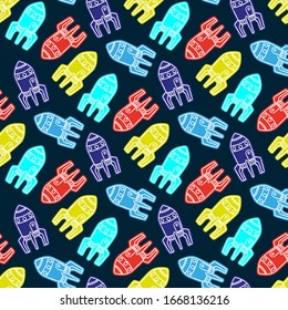Bright multi-colored rockets isolated on a dark blue background. Seamless pattern. Vector graphic hand drawing. Texture.