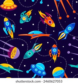 Bright multi-colored rockets in space, seamless pattern. Galaxy, dreams, universe. Space trip. Flight among planets and stars. Shuttle, UFO, future. For wallpaper, fabric, background. Hand drawn