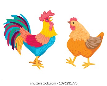 A bright multicolored rooster walks and crows. Brown chicken walks nearby. Animals from the village or farm. Cartoon flat style illustration.