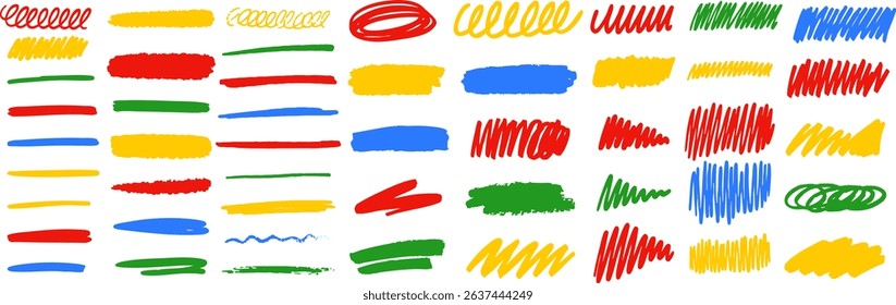 Bright multicolored scribbles, brush strokes, and sketchy shapes made with markers, ideal for playful, fun, and creative designs. Vector EPS 10