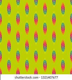 Bright multicolored seamless geometric pattern with vertical rows of small red and blue leaves on light green background. Repeat botanical pattern. Vector illustration.