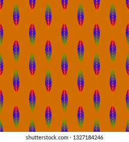 Bright multicolored seamless geometric pattern with vertical rows of small red, green and blue leaves on light mustard orange background. Repeat botanical pattern. Vector illustration.