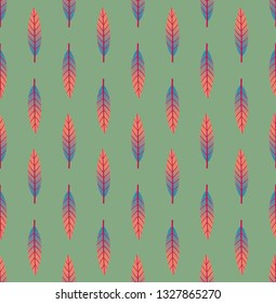 Bright multicolored seamless geometric pattern with vertical rows of small red, coral pink and blue leaves on light pale pastel green background. Repeat botanical pattern. Vector illustration.