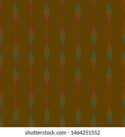 Bright multicolored seamless geometric pattern with vertical rows of small leaves on mustard background. Repeat botanical pattern. Vector illustration.