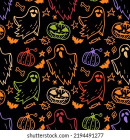 Bright multicolored seamless pattern of cartoon ghosts on black background. Horror Halloween hand drawn doodle background. Cloth Ghosts. Flying Phantoms. Halloween scary ghostly monsters with