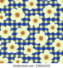 Bright multicolored seamless pattern with flowers on gingham background. Repeat abstract floral pattern. Vector illustration.