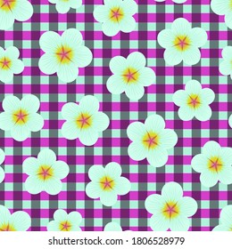 Bright multicolored seamless pattern with flowers on gingham background. Repeat abstract floral pattern. Vector illustration.