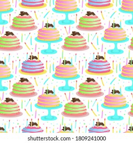 bright multi-colored seamless pattern with the image of cakes. Drawn by hand in a cartoon style. Decor for textiles, packaging paper or Wallpaper.	