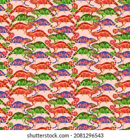 Bright multicolored seamless pattern with the image of a chameleon. Decor for fabric and wallpaper.	
