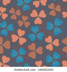 Bright multicolored seamless pattern with three-leaf clover. Repeat abstract botanical pattern. Vector illustration.