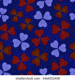 Bright multicolored seamless pattern with three-leaf clover. Repeat abstract botanical pattern. Vector illustration.