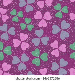 Bright multicolored seamless pattern with three-leaf clover. Repeat abstract botanical pattern. Vector illustration.