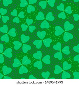 Bright multicolored seamless pattern with three-leaf clover. Repeat abstract botanical pattern. Vector illustration.