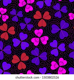 Bright multicolored seamless pattern with three-leaf clover. Repeat abstract botanical pattern. Vector illustration.