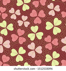 Bright multicolored seamless pattern with three-leaf clover. Repeat abstract botanical pattern. Vector illustration.