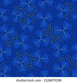 Bright multicolored seamless pattern with three-leaf clover. Repeat abstract botanical pattern. Vector illustration.