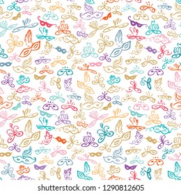Bright multicolored seamless pattern of a variety of carnival masks. Beautiful colorful masks. Mask for a masquerade. Vector background party mask.