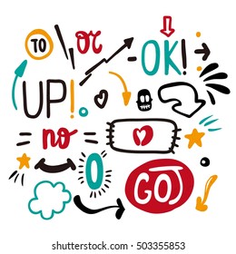 Bright multi-colored set. Hand-painted catchwords isolated on white background. Modern, stylish handwritten calligraphy and lettering vector set. Collection hand-drawn vector symbols, arrows, pointers