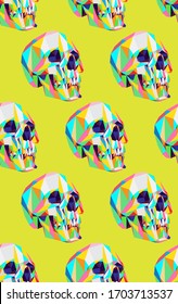 
bright multi-colored skull stylized as a polygonal mesh. vector skulls pattern on a yellow background. bright youth trend.