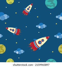 Bright multicolored space pattern with rockets, clouds, planets. Flat vector illustration.