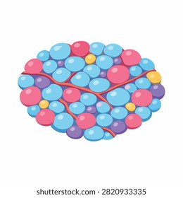 Bright multicolored spheres tightly packed together in a spherical formation with gradient hues