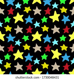 Bright multi-colored stars isolated on a black background. Beautiful childish seamless pattern. Hand drawn vector graphic illustration. Texture.