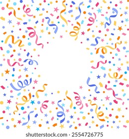 Bright multi-colored streamers of confetti flying in different directions on a white background