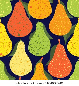 Bright multicolored stylized pears. Colorful fruts background. Seamless pattern. Vector illustration.