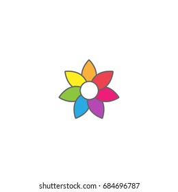 Bright  multicolored sunflower with grey outline. flat icon. Bloom with big sharp petals and round core. Isolated on white. Vector illustration.  Nature flower symbol.