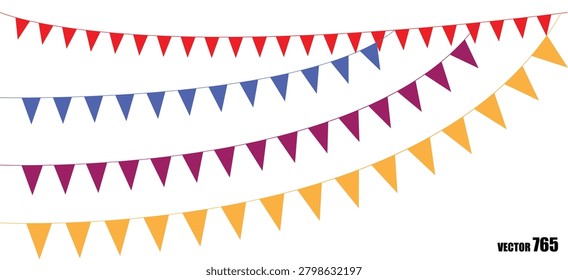 Bright multicolored triangular paper flags strung in a diagonal banner pattern on a clean white background vector illustration.