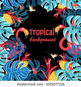 Bright multicolored tropical background with flamingo and hummingbird
