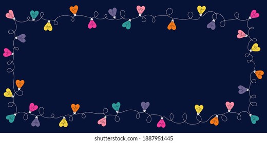 Bright Multi-colored Valentine's Day Holiday Heart String Lights on Dark Background Rectangle Horizontal Frame. Square Rainbow Festive Holiday Copy Space Banner for Greeting Cards and Web