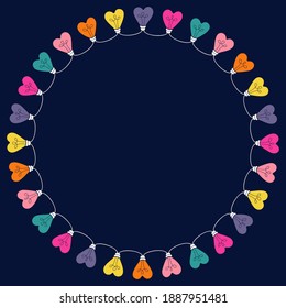 Bright Multi-colored Valentine's Day Holiday Heart String Lights on Dark Background Round Frame. Circle Rainbow Festive Holiday Copy Space Banner for Greeting Cards and Web