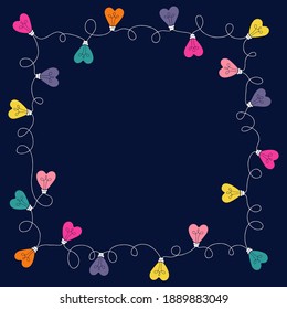 Bright Multi-colored Valentine's Day Holiday Heart String Lights on Dark Background Square Frame. Square Rainbow Festive Holiday Copy Space Banner for Greeting Cards and Web