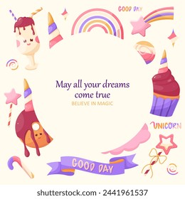 Bright multicolored vector greeting card in unicorn colors

