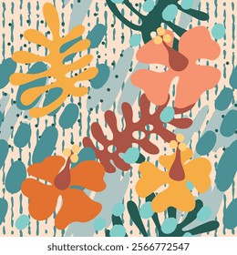 
Bright multicolored vector seamless pattern with hibiscus flowers, tropical leaves, spots, specks and broken vertical stripes on the background.