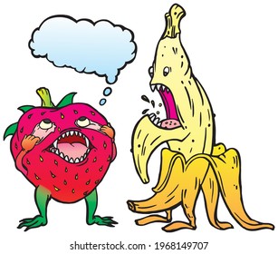 bright multicolored vector strawberry and banana stand and shout 