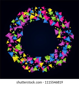 Bright multicolored volumetric triangles, prisms placed in random order in circle on black background. Desktop wallpapers, abstract background for printed advertising products, for internet banners.