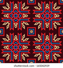 bright multicoloured ethnic stylish seamless pattern in red, blue, beige and dark violet colours. repeating geometric tiles. vector illustration background. 