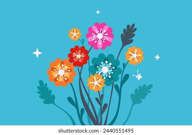 Bright multi-coloured spring flowers in vector, flat style. Floral decor with butterfly and stars.