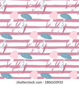 Bright mushroom silhouettes seamless doodle pattern. Pink and white stripped background. Designed for wallpaper, textile, wrapping paper, fabric print. Vector illustration.