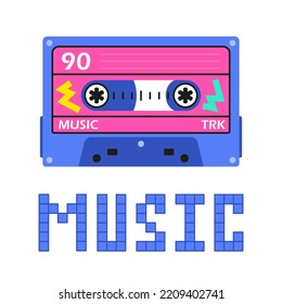 A bright music cassette 90s. Nostalgia for youth, retrowave. Neon Acid Cassette for Tape Recorder