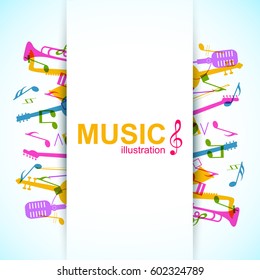 Bright music concept with place for text colorful musical instruments and notes on light background vector illustration