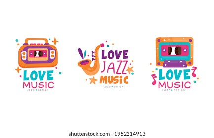 Bright Music Logo with Cassette Recorder and Trumpet Vector Set