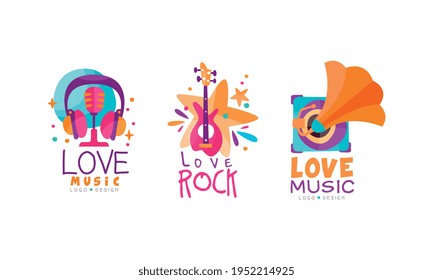 Bright Music Logo with Electric Guitar and Microphone Vector Set