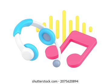 Bright music lover composition with headphones, voice wave and musical note 3d icon vector illustration. Professional radio leading work with simple headset isolated. Song listening and talking